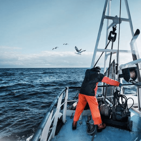 Fisherman operating winch on deck of trawler 