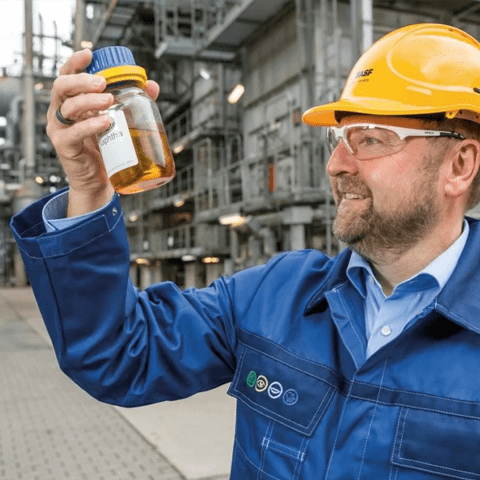 Dr. Andreas Kicherer with a sample of pyrolysis oil