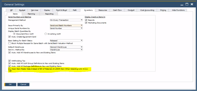 sap business one settings